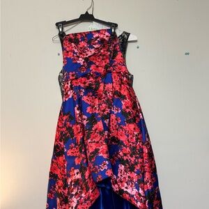 Floral High-Low Dress in Red and Blue